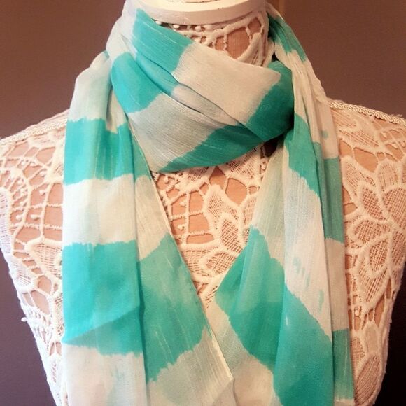 IZOD Teal Blue and White Striped Viscose Scarf - Picture 4 of 5
